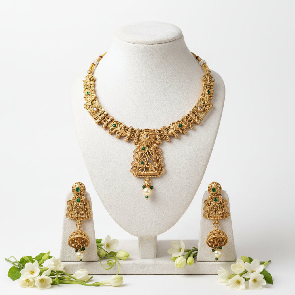 Heritage Filigree Necklace Set - Antique Gold & Emerald - Each