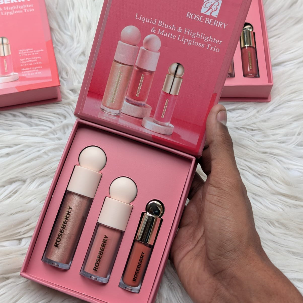 Rose Berry Liquid Blush, Highlighter & Matte Lipgloss Trio set