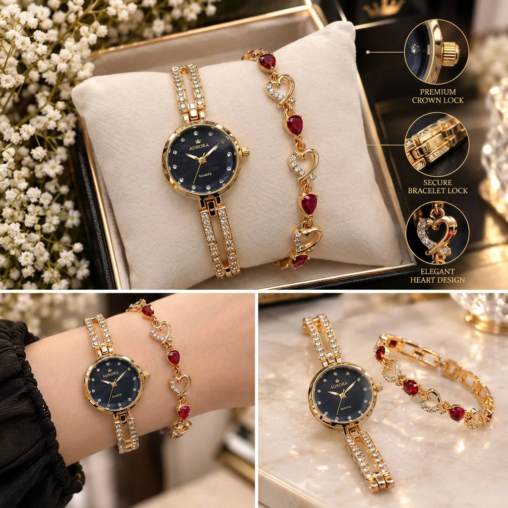 Fancy Beautiful Steel Chain Bracelet + Watch 2-Piece Deal for Her - With Box