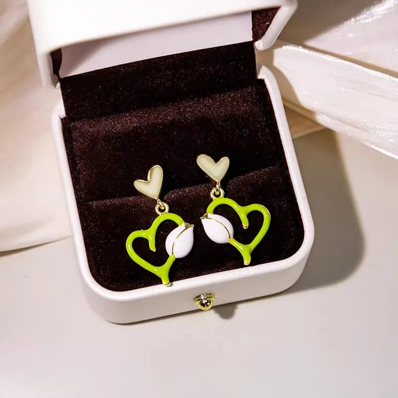 French White Flower Tulip Fruit Green Peach Heart Earring
