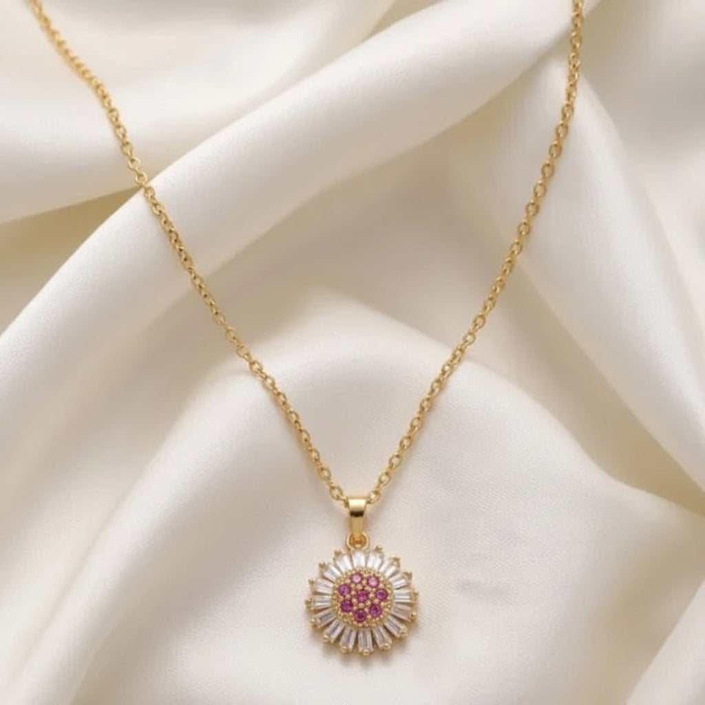 Gold Plated Sunflower Pendant Necklace with Red Center - Each