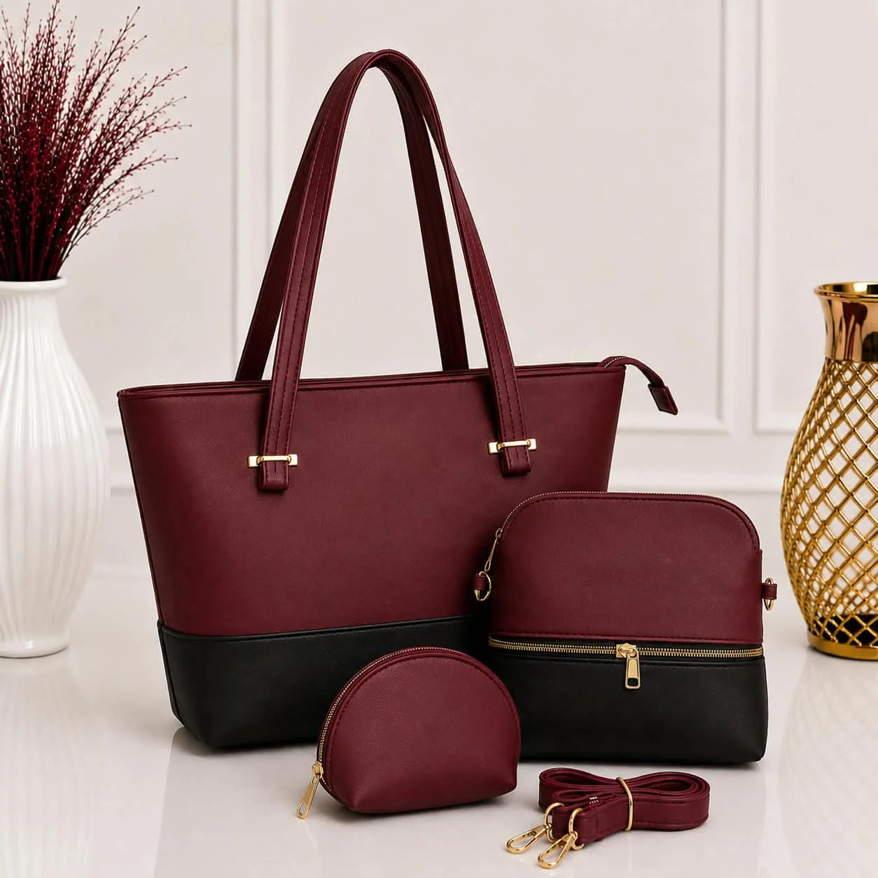 Dual Tone Leather Shoulder Tote Bag - 3 Piece Set