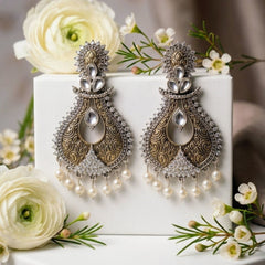 Ornate Heritage Statement Earrings - Antique Gold and Pearl