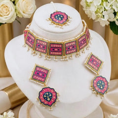 Traditional Enamel Bridal Choker Set – Choker, Earrings & Tikka