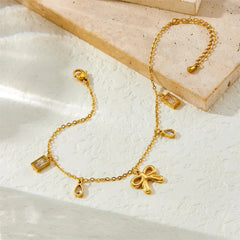 Gold Bow Charm Anklet with Crystal Dangles