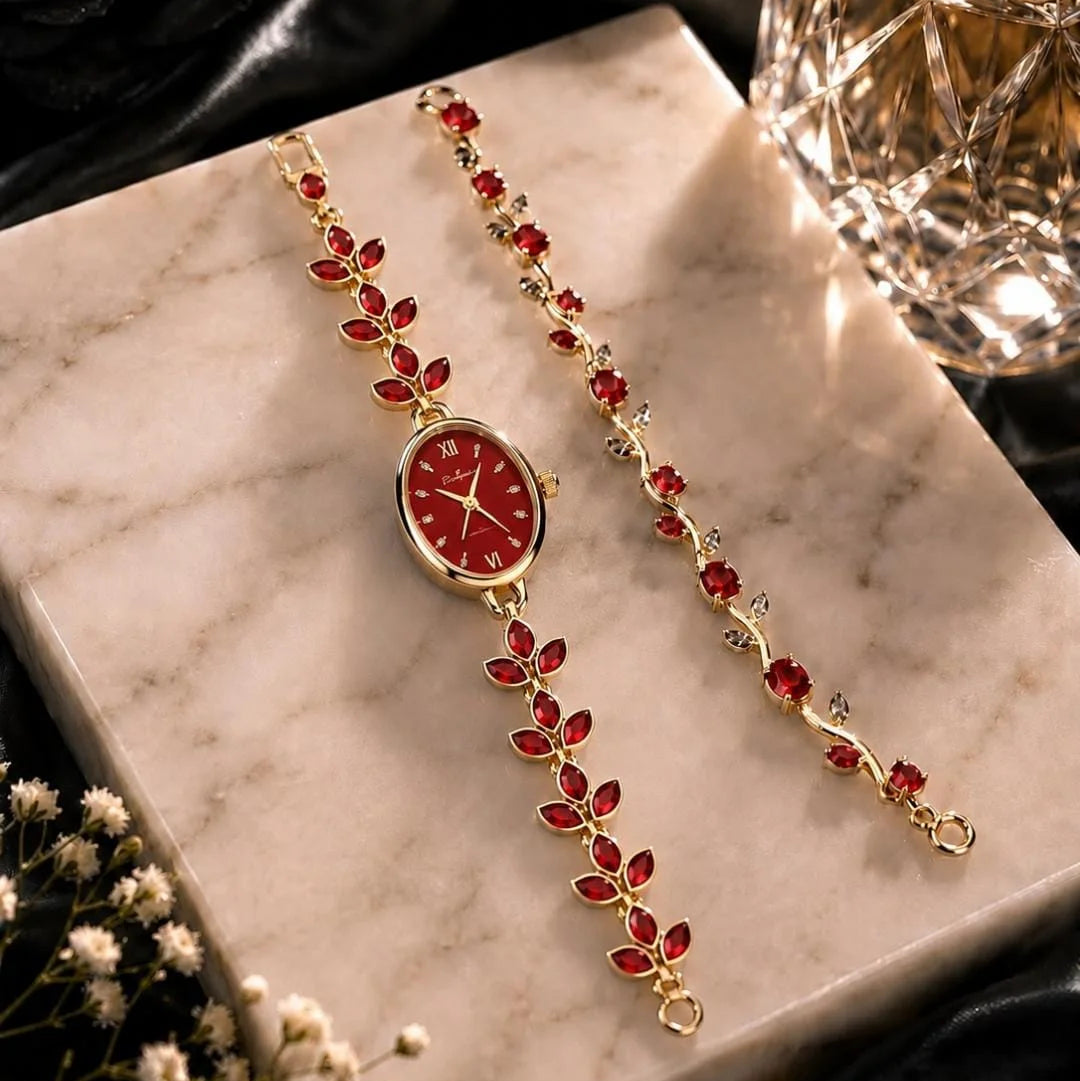 Fancy Beautiful Mira Design Stone Watch Plus Trending Tulip Hand Bracelets For Her - With Box