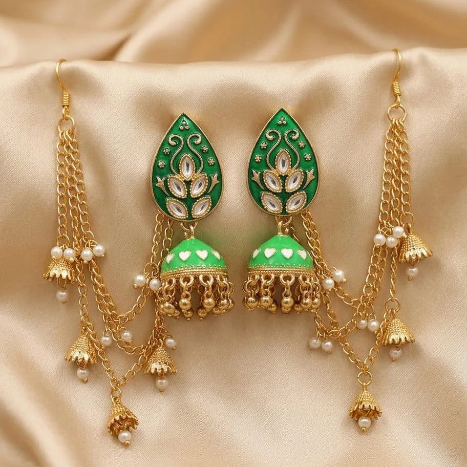 Jhumka earrings with Kundan stones and Sahary