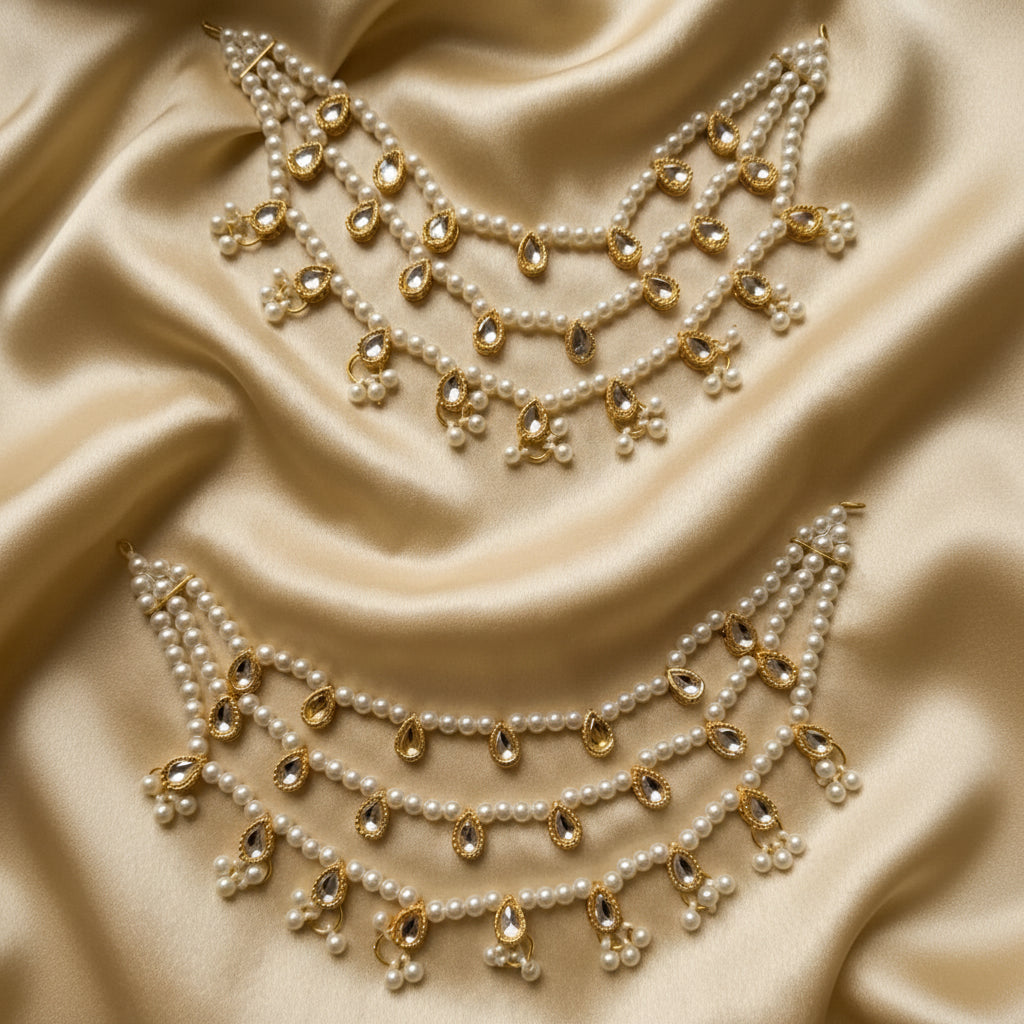 3 Lines  Kundan and pearl Latkan Saharay