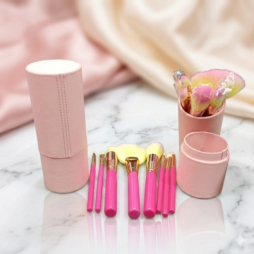 Pink Makeup Brushes abd Holder - 8 Pcs