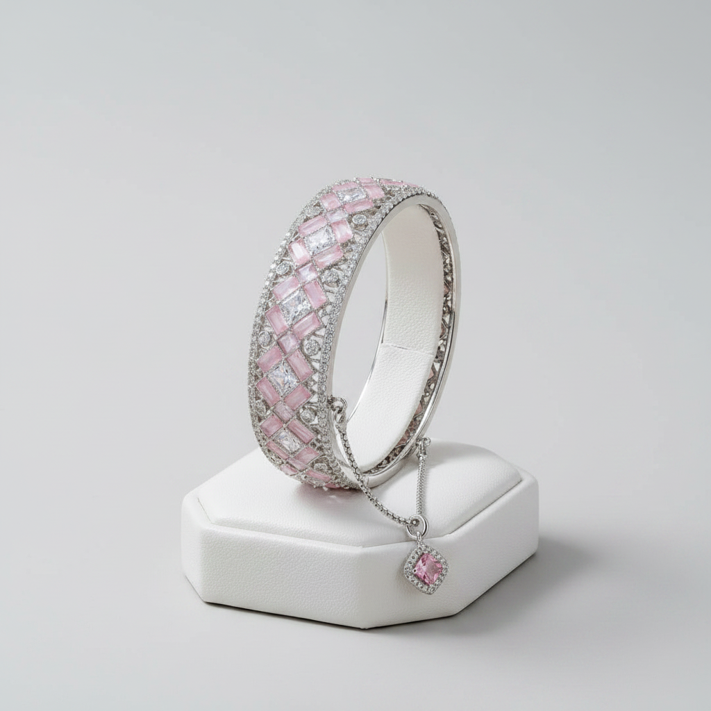 Stainless Steel Art Deco Inspired Statement Bangle - Blush and Crystal - Each