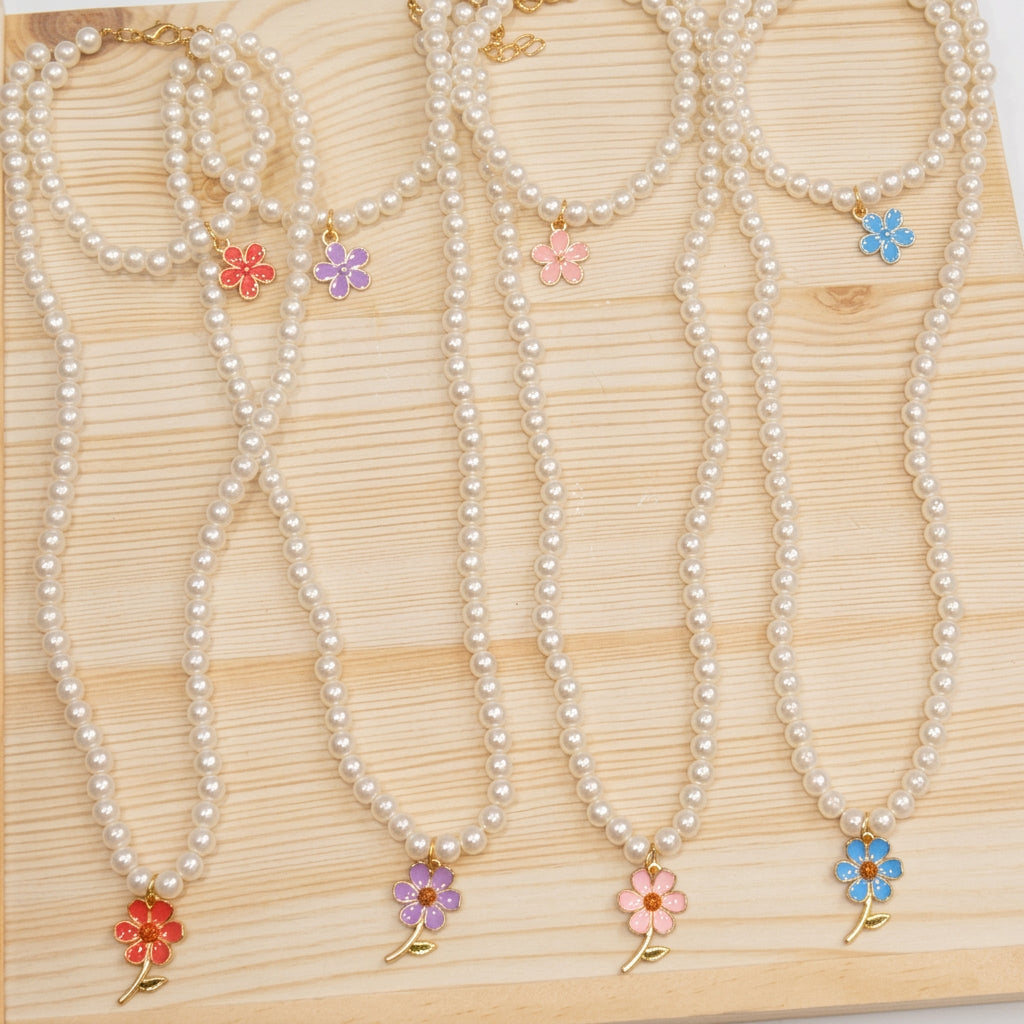 Enamel Tulip Pearl Necklace & Bracelet Set