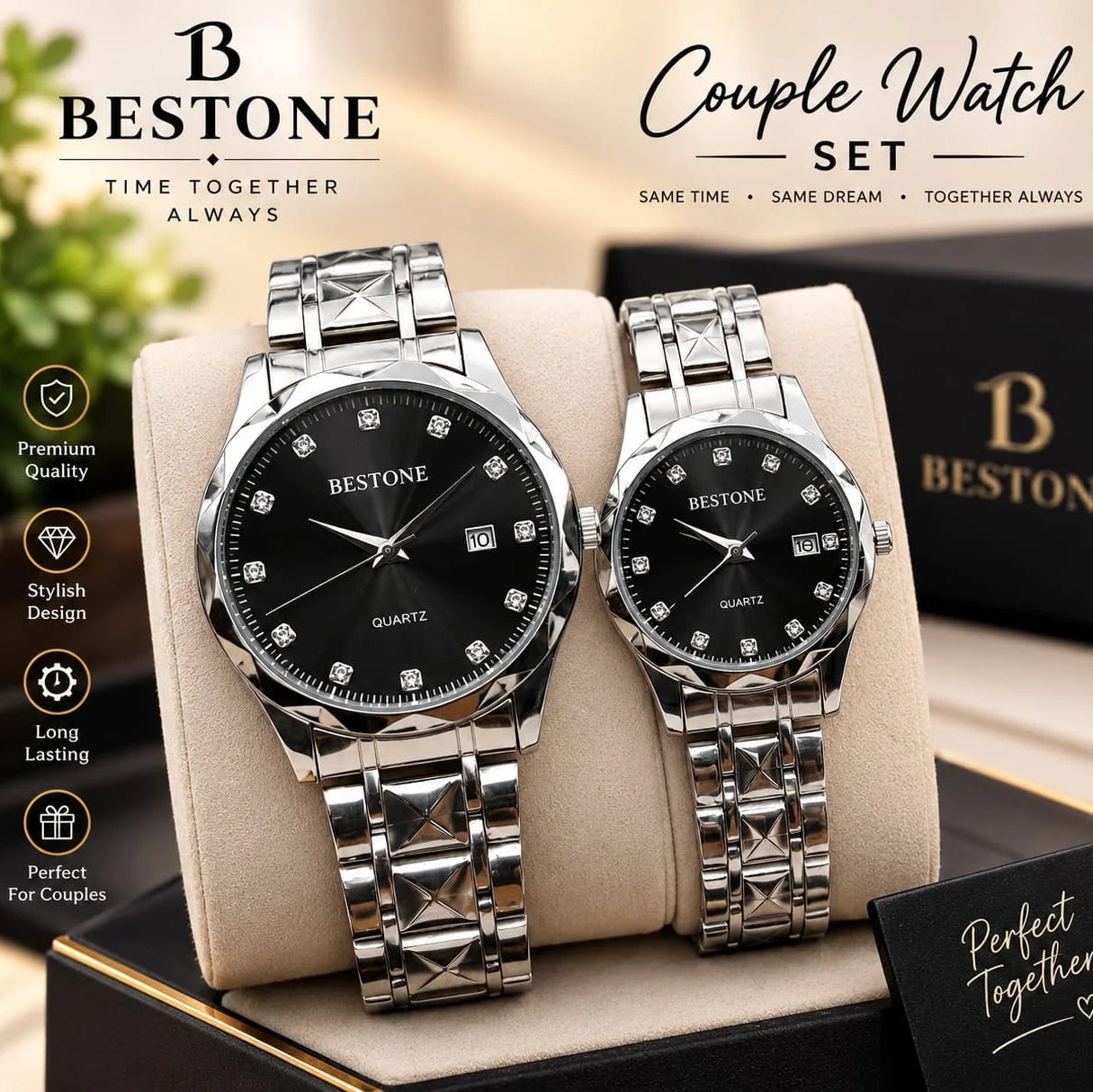 BESTONE Stainless Steel Diamond Marker Couple Watch Set