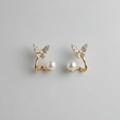 Ethereal Butterfly & Pearl Studs - Gold Finish - Each Pair