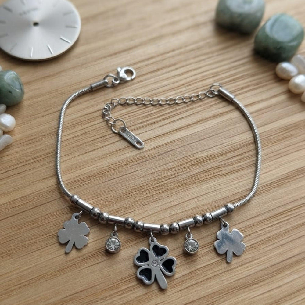 Stainless Steel Sliver Lotus Style Clover Charm Bracelet - Each