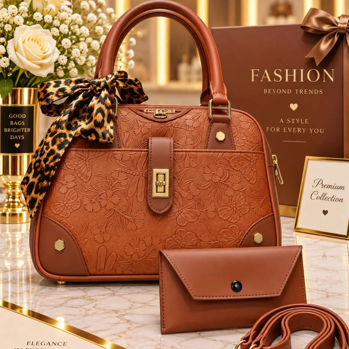 CHENAL Womens Embossed Floral Handbag - 3 Piece Set