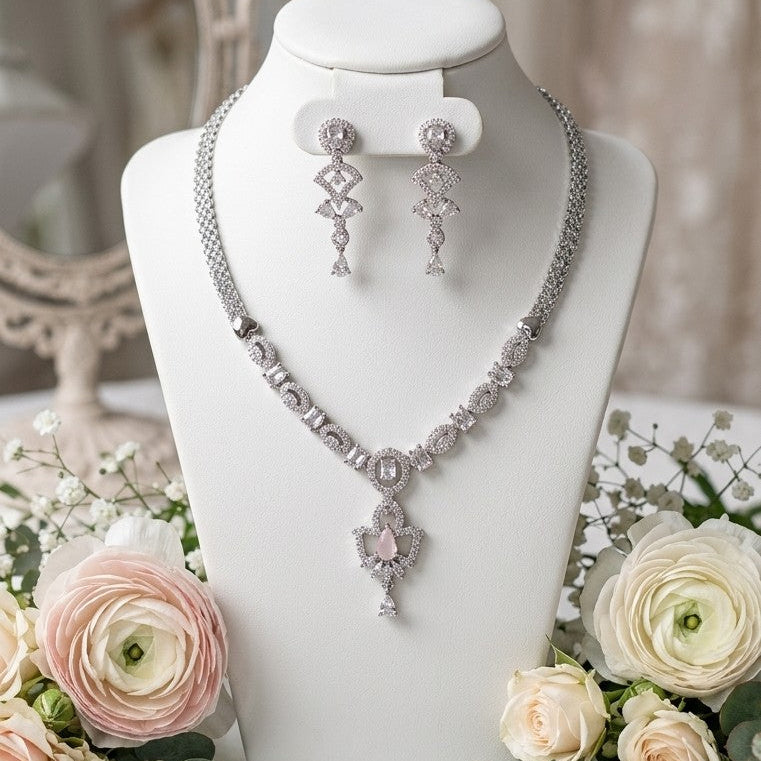 Silver-Toned Necklace Set with Gemstone Drop & Dangling Earrings