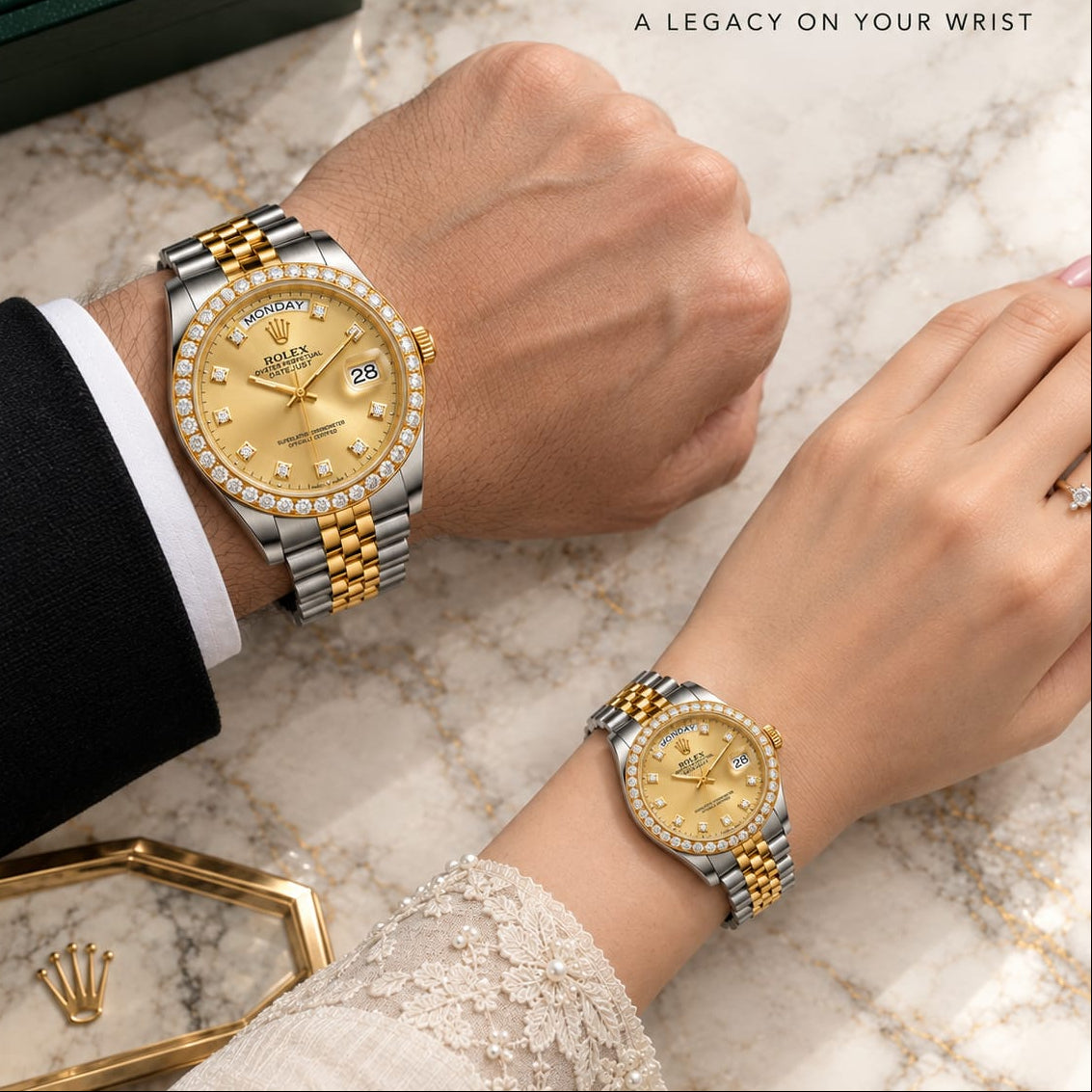 ROLEX Couple Watches Set – Arabic Dial, Day & Date Display, Steel Chain and Master Crown Lock