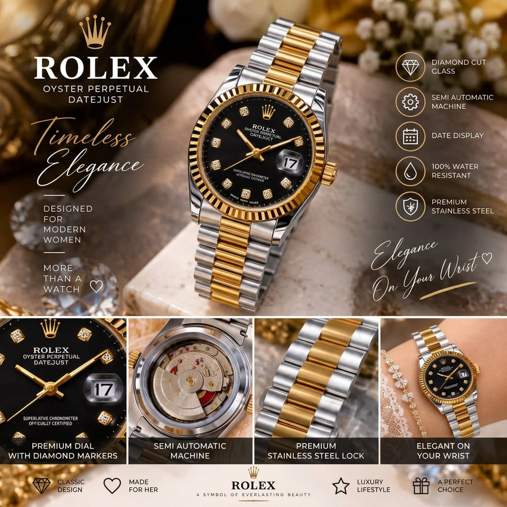 ROLEX Ladies Semi-Automatic Watch – Stone Dial, Date Display & Shiny Metal Chain - with Normal Boc