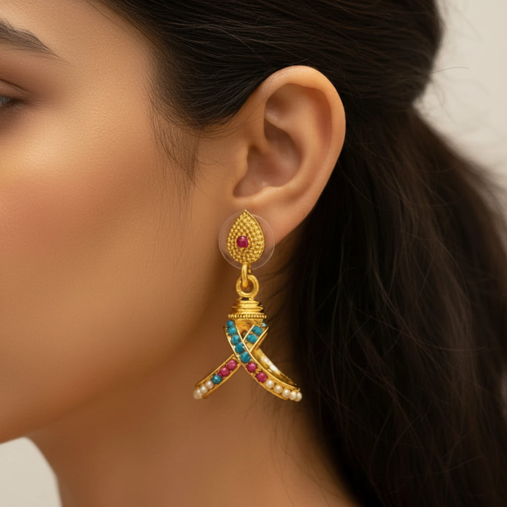 Traditional Drop Earrings with Turquoise & Pink Stones