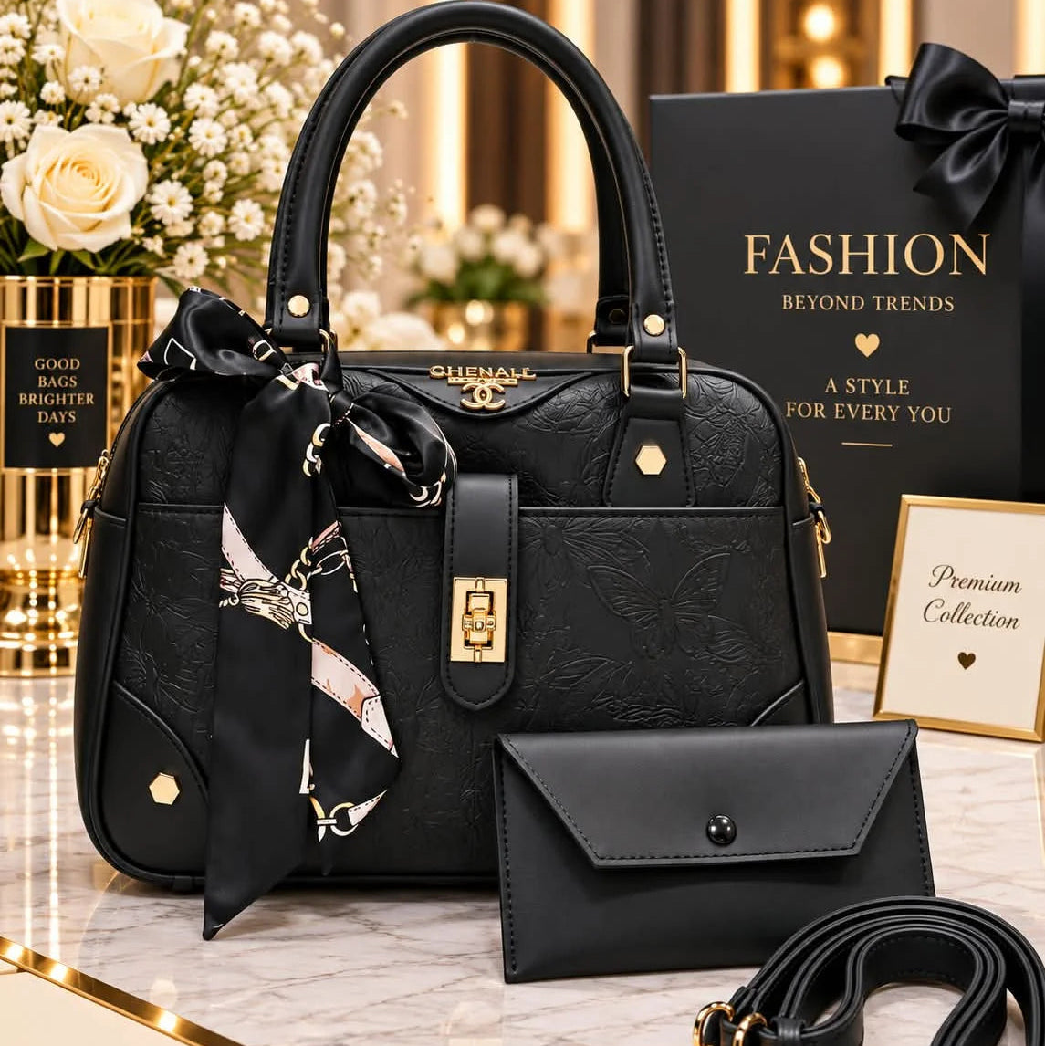 CHENAL Womens Embossed Floral Handbag - 3 Piece Set