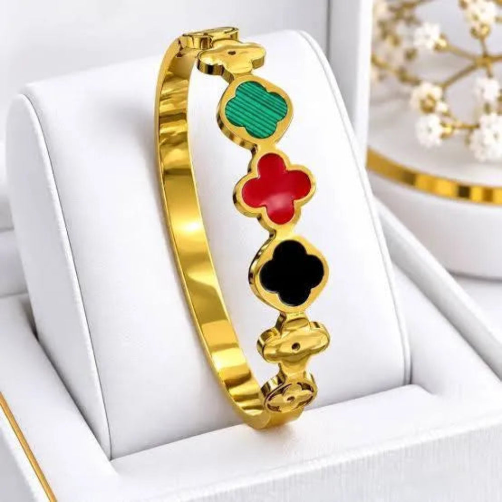 Gold Plated Multi Color Clover Charm Enamel Bangle