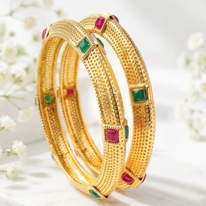 Red & Green Synthetic Stones Textured Bangles - 2 Pcs - Size 24
