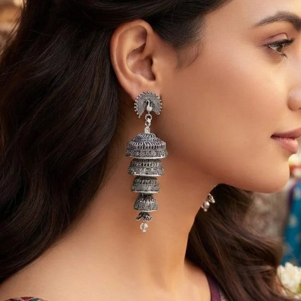 Oxidized Silver Multi Tier Peacock Jhumkas