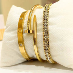 Screw Motif Bangle, Nail Motif Bangle & Crystal Tennis Bracelet Set