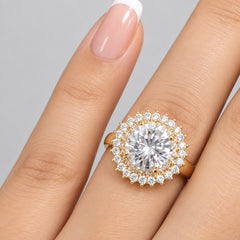 Gold Plated Round Zircon Double Sunburst Halo Ring