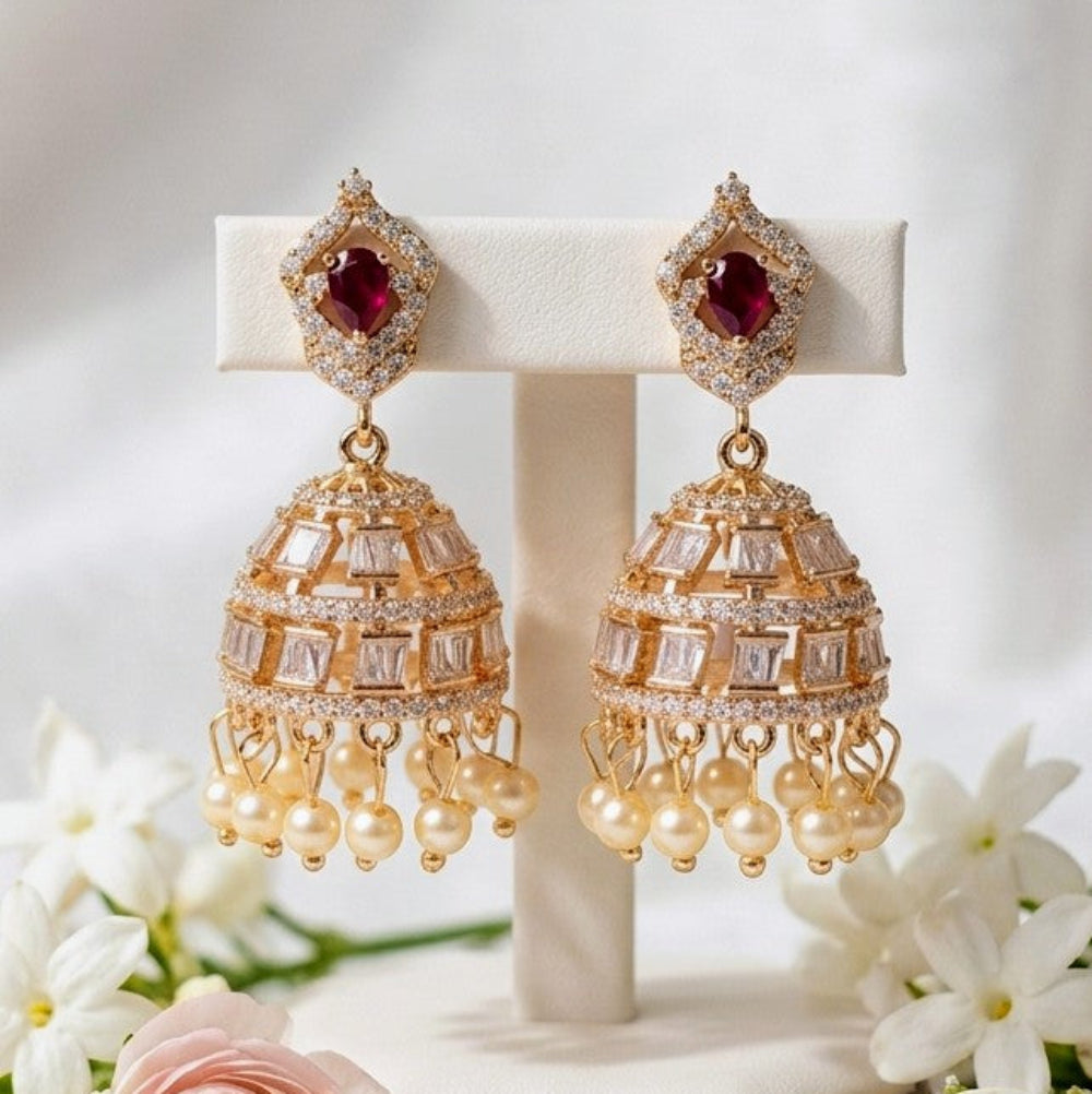 Elegant Gold-Plated Jhumka Earrings with White Zircon & Pearl Drops