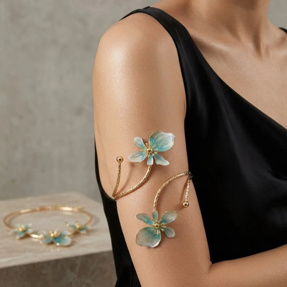 Stainless Steel blue enamel floral open arm cuff - Each