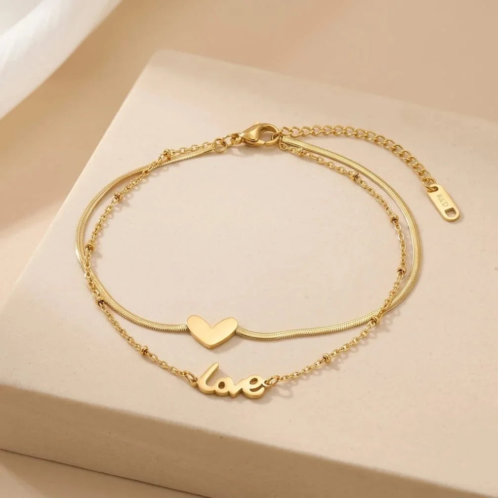 Gold Heart & Love Layered Anklet
