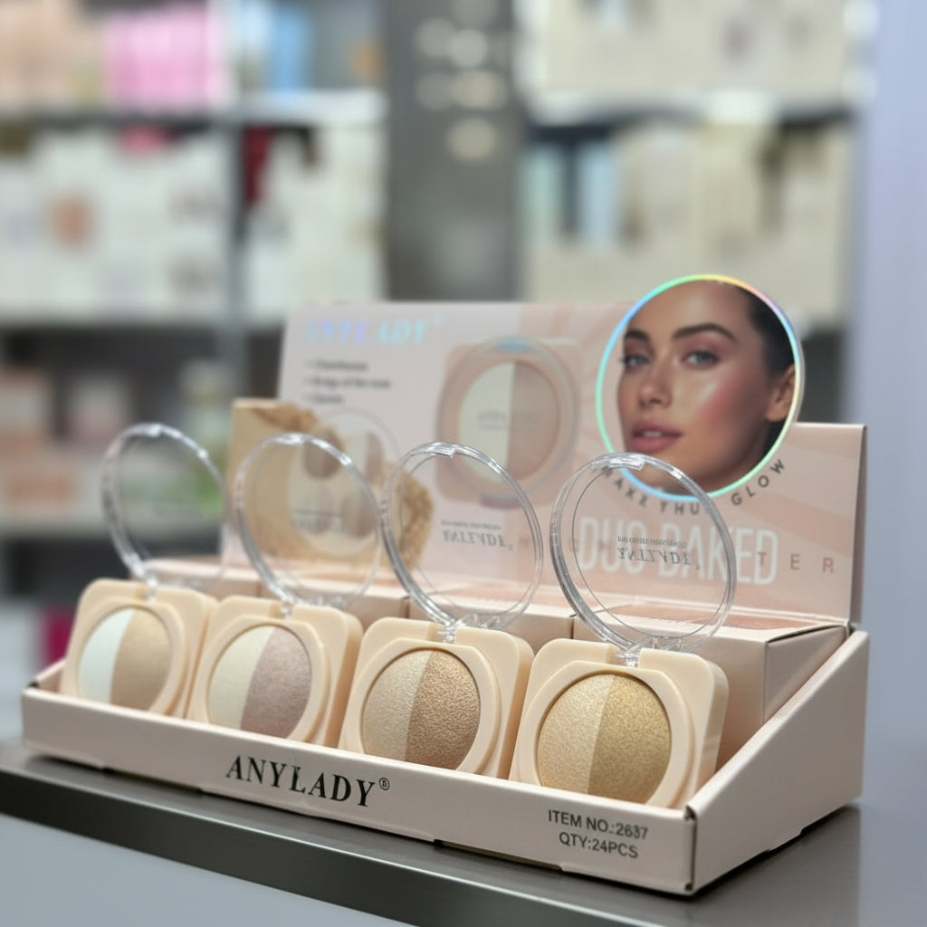 ANYLADY Duo Baked Highlighter Compact – 2-in-1 Shimmer & Glow Powder