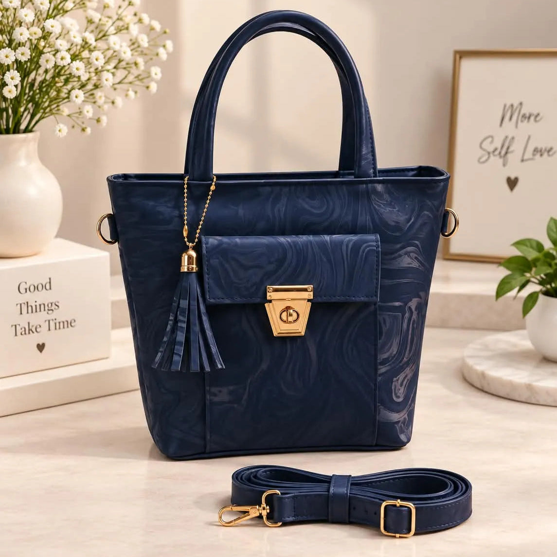 Marble Print Flap Pocket Top Handle Tote Bag with Tassel & Strap