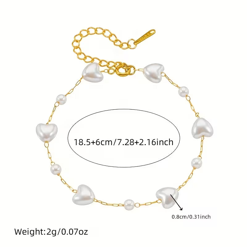 Stainless Steel Heart-Shaped Imitation Pearl Bracelet - Each