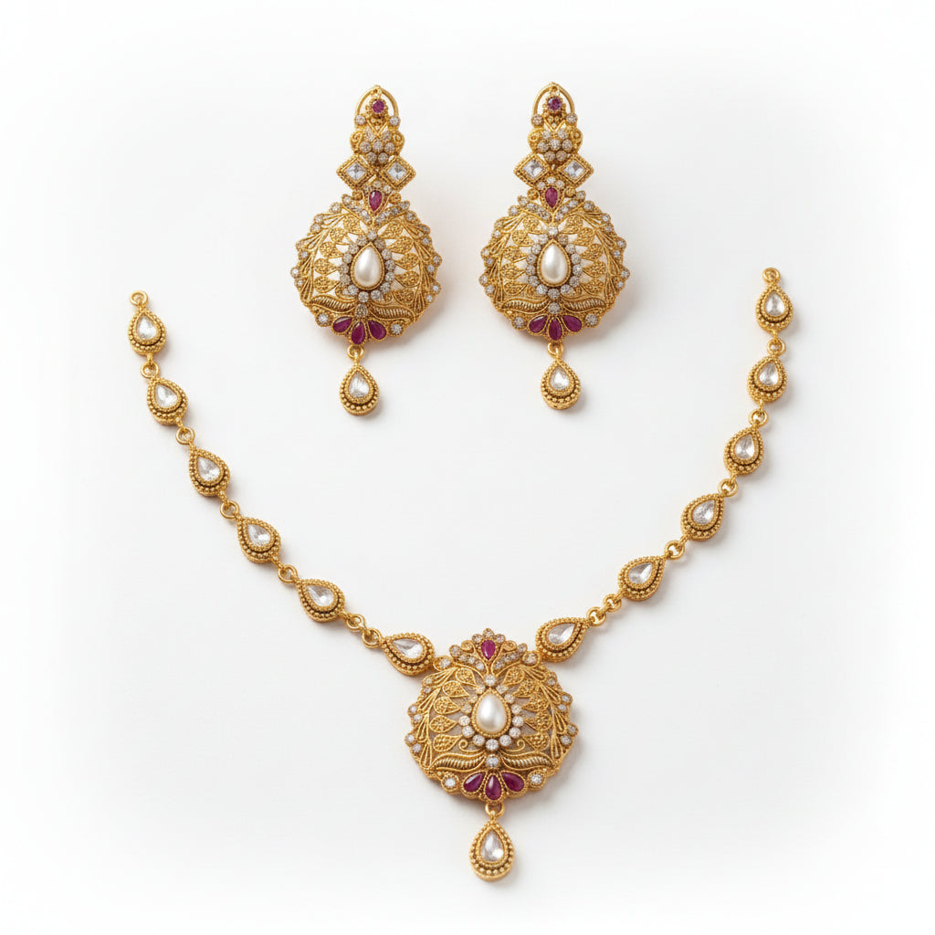 Gold Polish Polki Necklace & Earrings Set