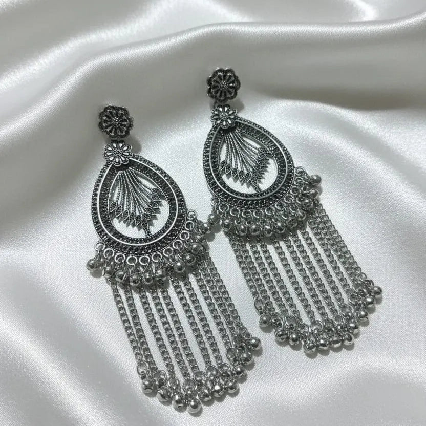 Silver-Plated Oxidized Afghani-Style Jhumka Drop Earrings