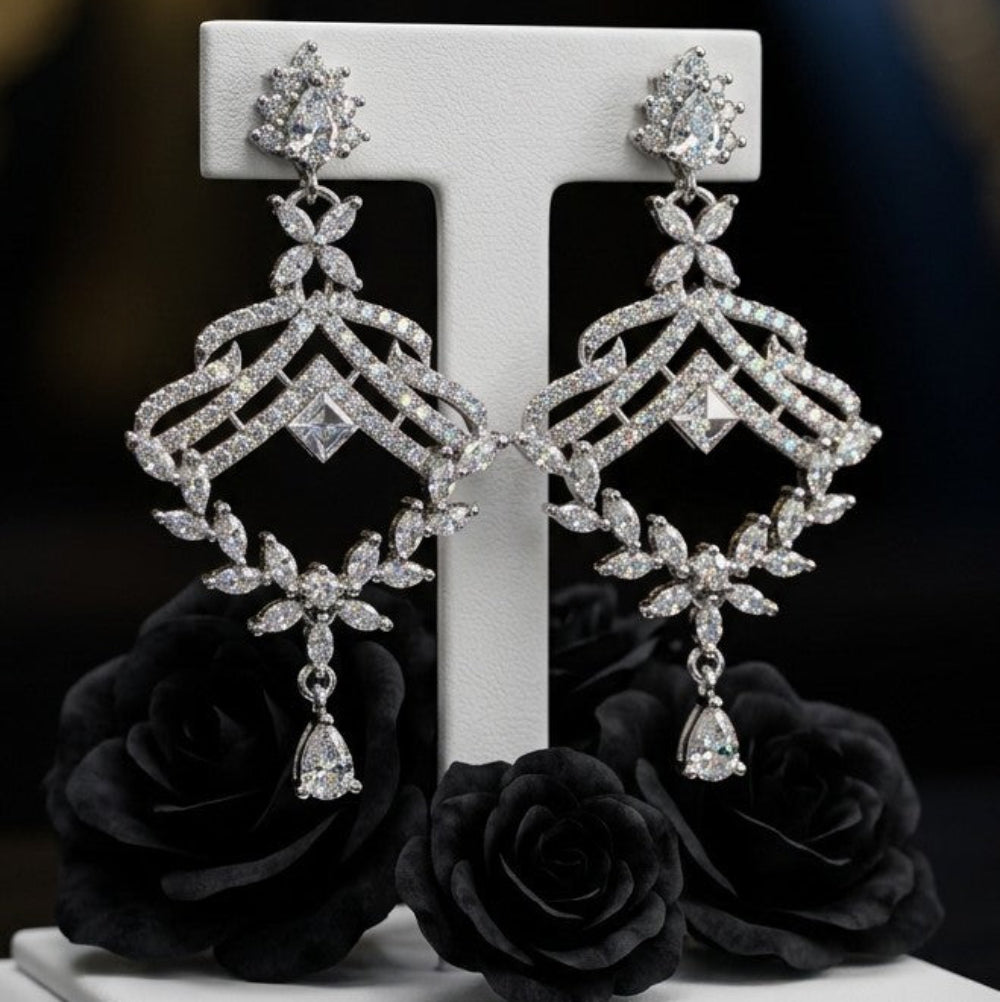 silver-toned American diamond chandelier drop earrings