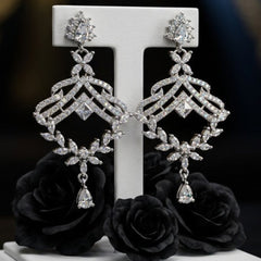 silver-toned American diamond chandelier drop earrings