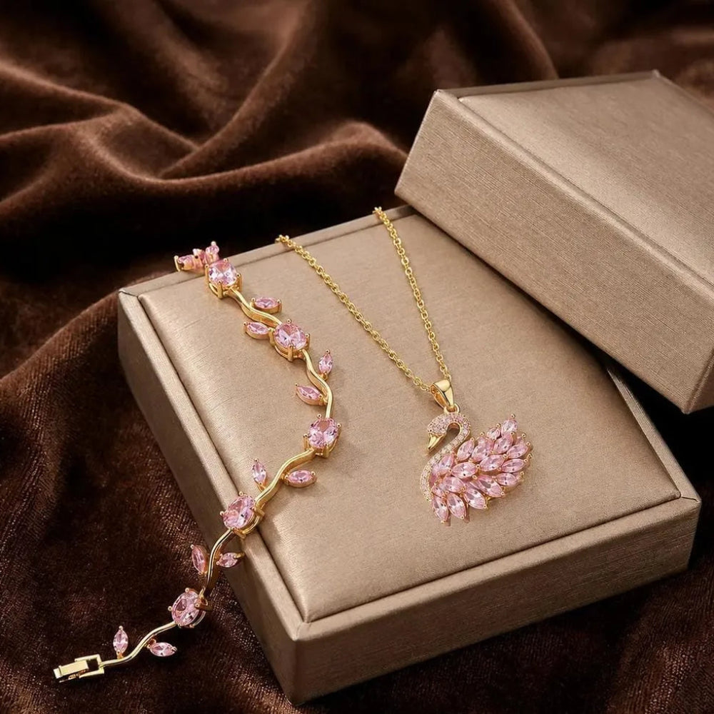 Pink Crystal Swan & Leaf Jewelry Set