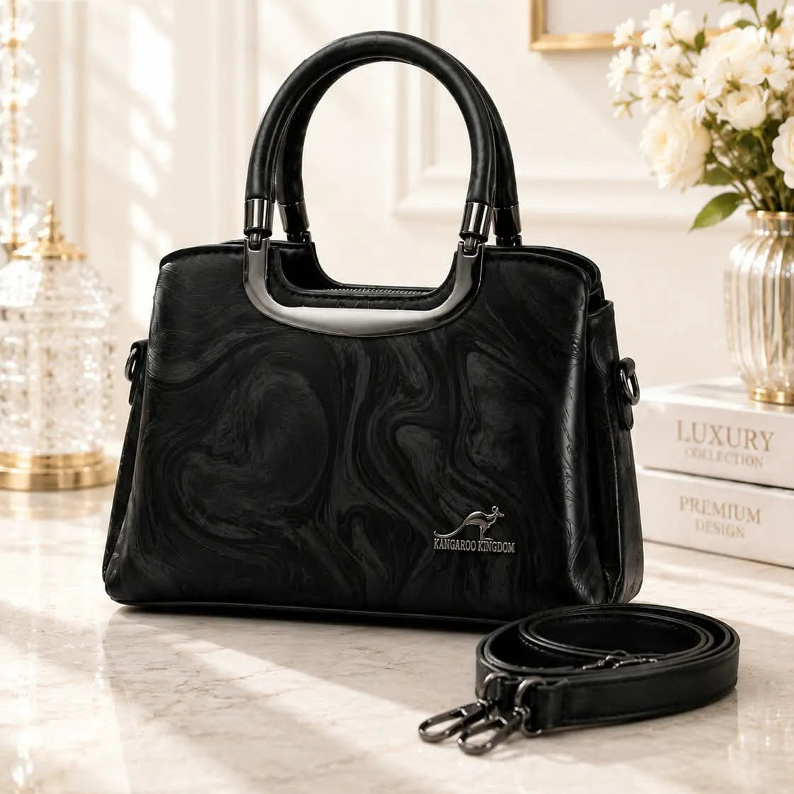 Kangaroo Kingdom Marble Print Top Handle Shoulder Bag with Strap
