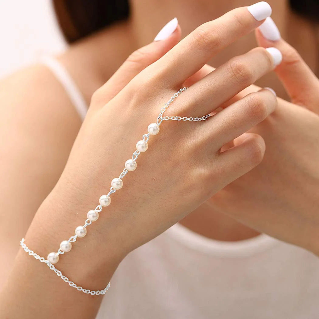 White Pearls Finger Bracelets With Silver Chain
