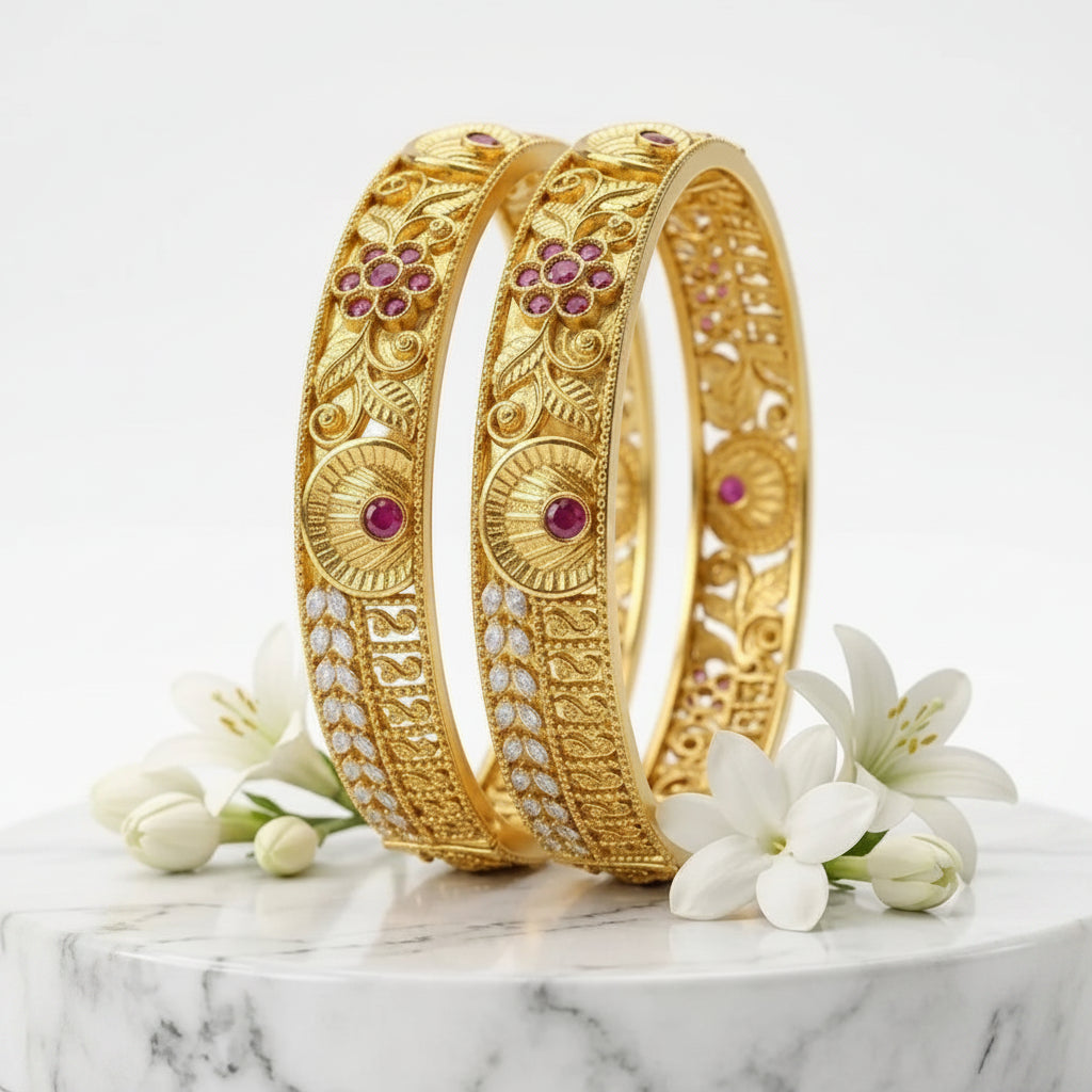 Stainless Steel Ornate Heritage Gold Bangle Set - Ruby and Diamond Accent