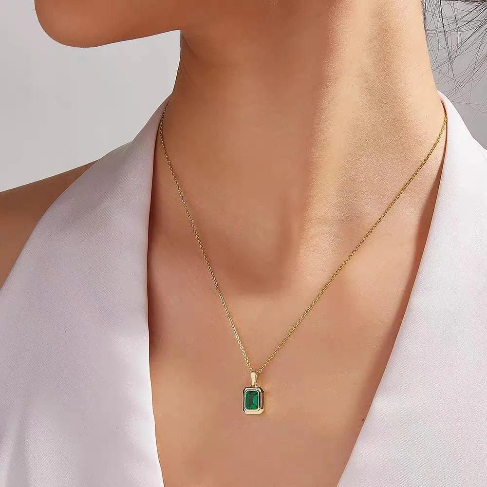 Stainless steel Green stone Pendant Necklace - Each