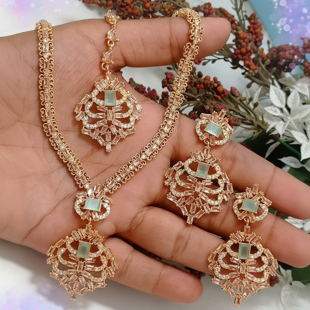 Zircon Necklace Set – Necklace, Earrings & Tikka