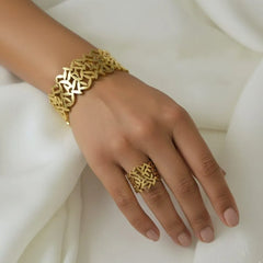 Stainless Steel Leaf-Inspired Cutout Design Cuff Bangle And Ring Set