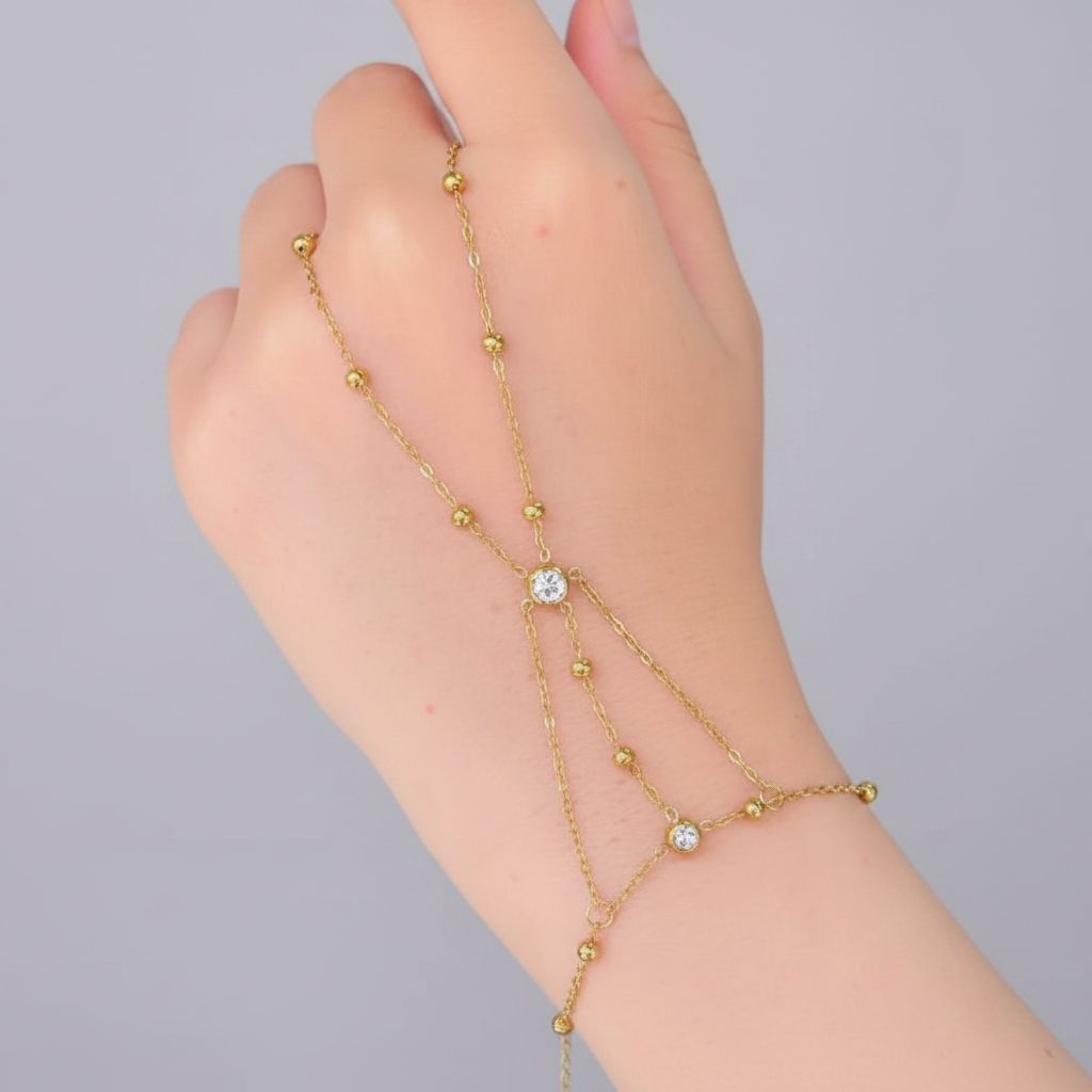 Minimalist Gold Hand Chain - Beaded Solitaire - Each
