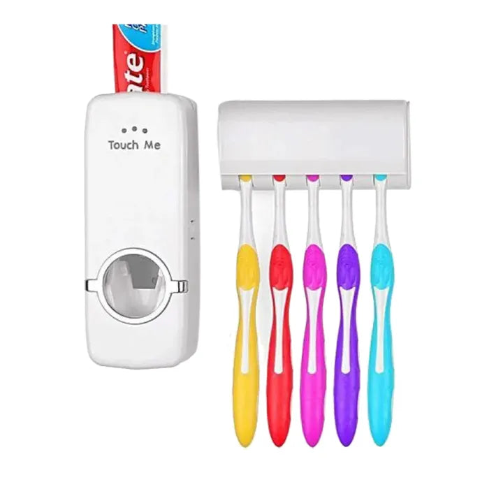 Touch Me Press Toothpaste Dispenser With Toothbrush Holder