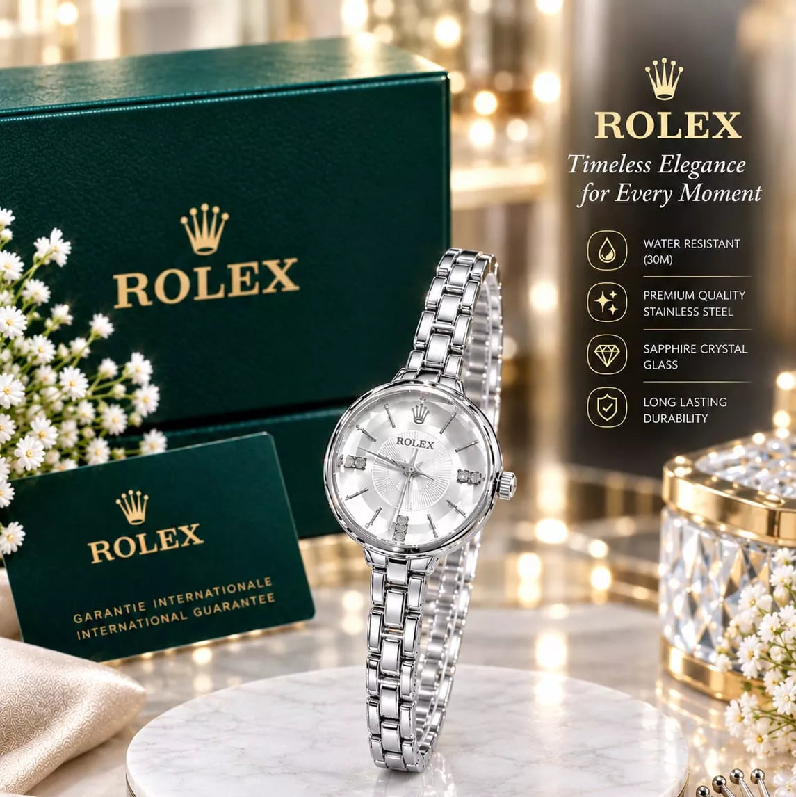 ROLEX Diamond Cut Glass Watch With Box