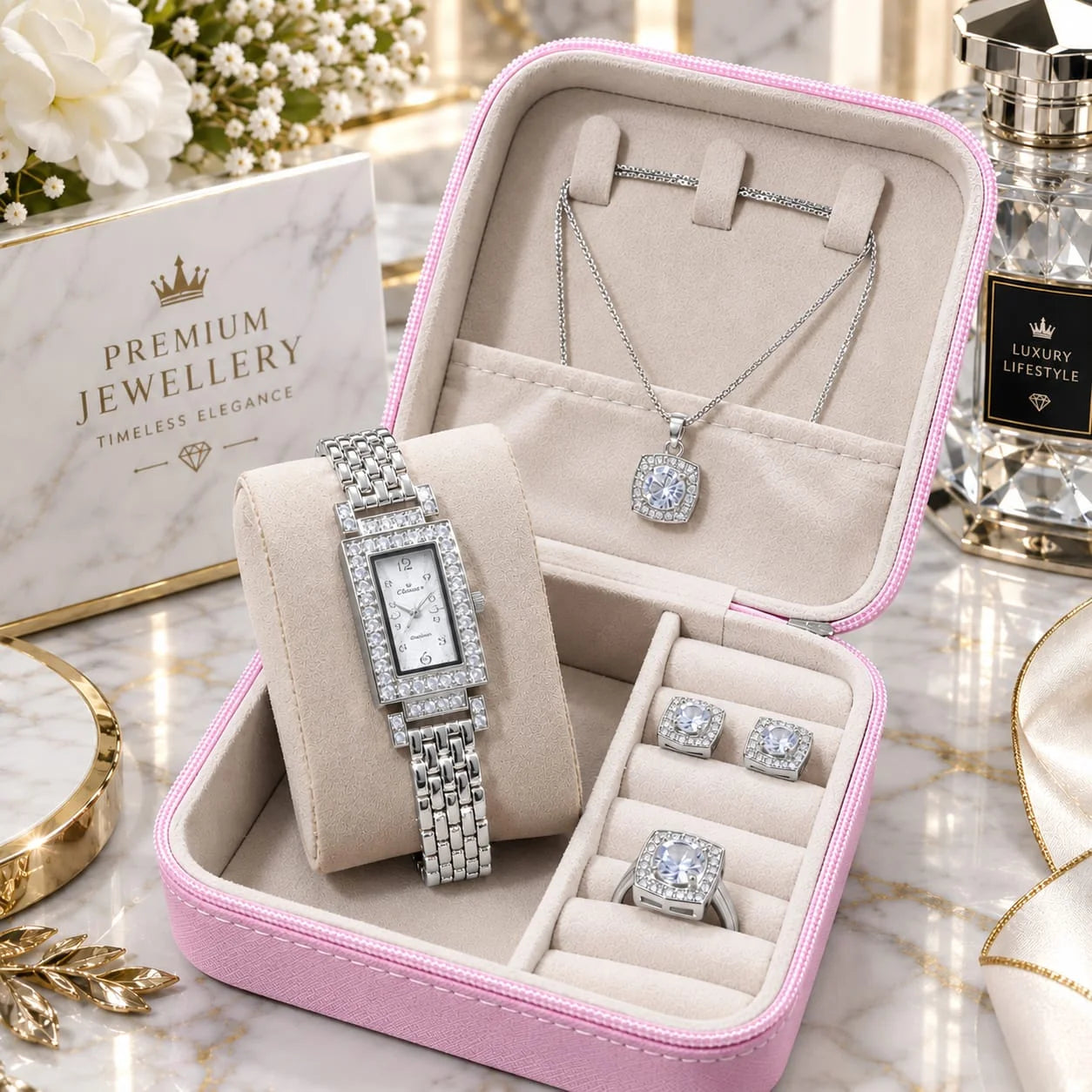 Luxury Crystal Rectangular Watch & Matching Jewelry Set